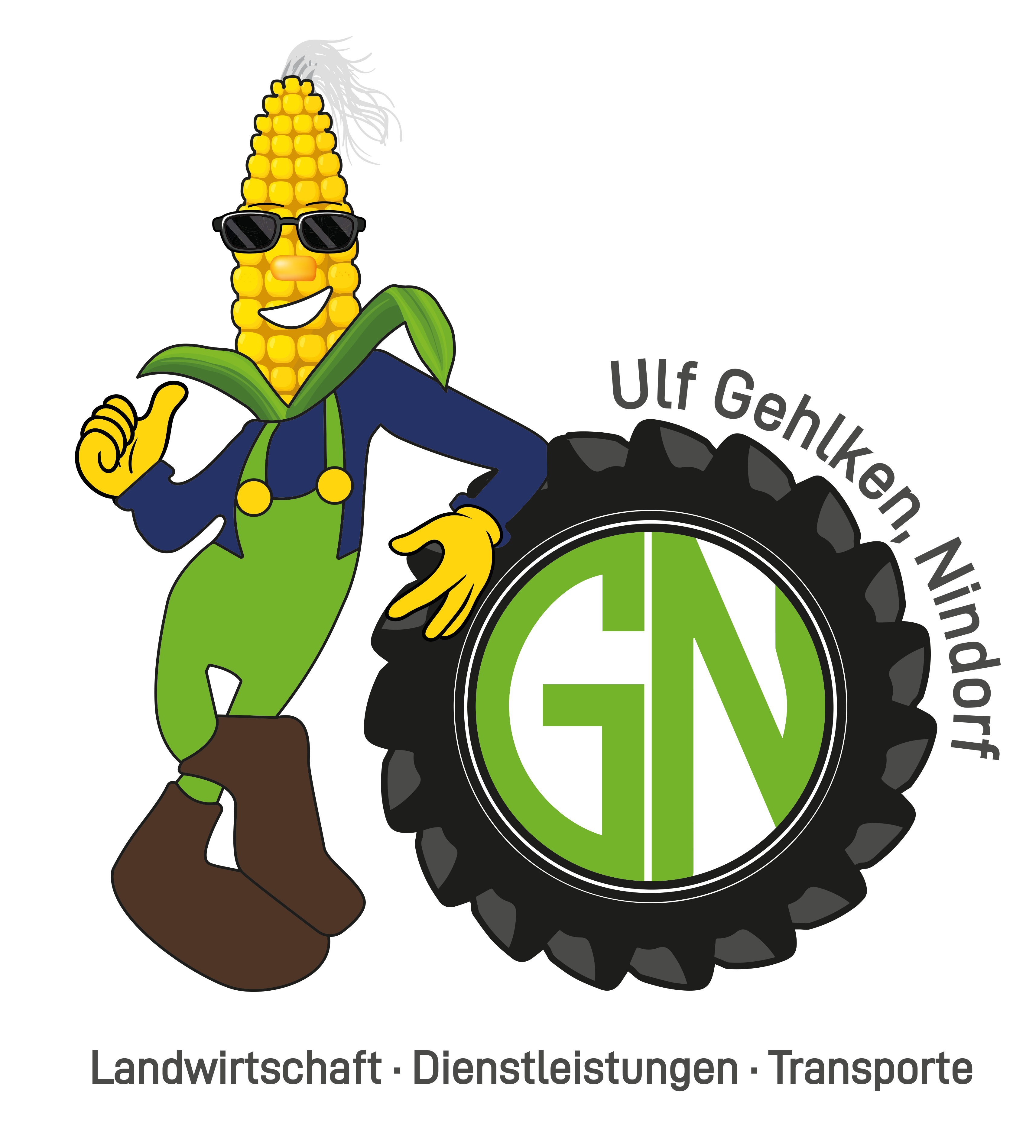 Logo mit einem großen gezeichneten Maiskolben-Charakter in cooler Pose.